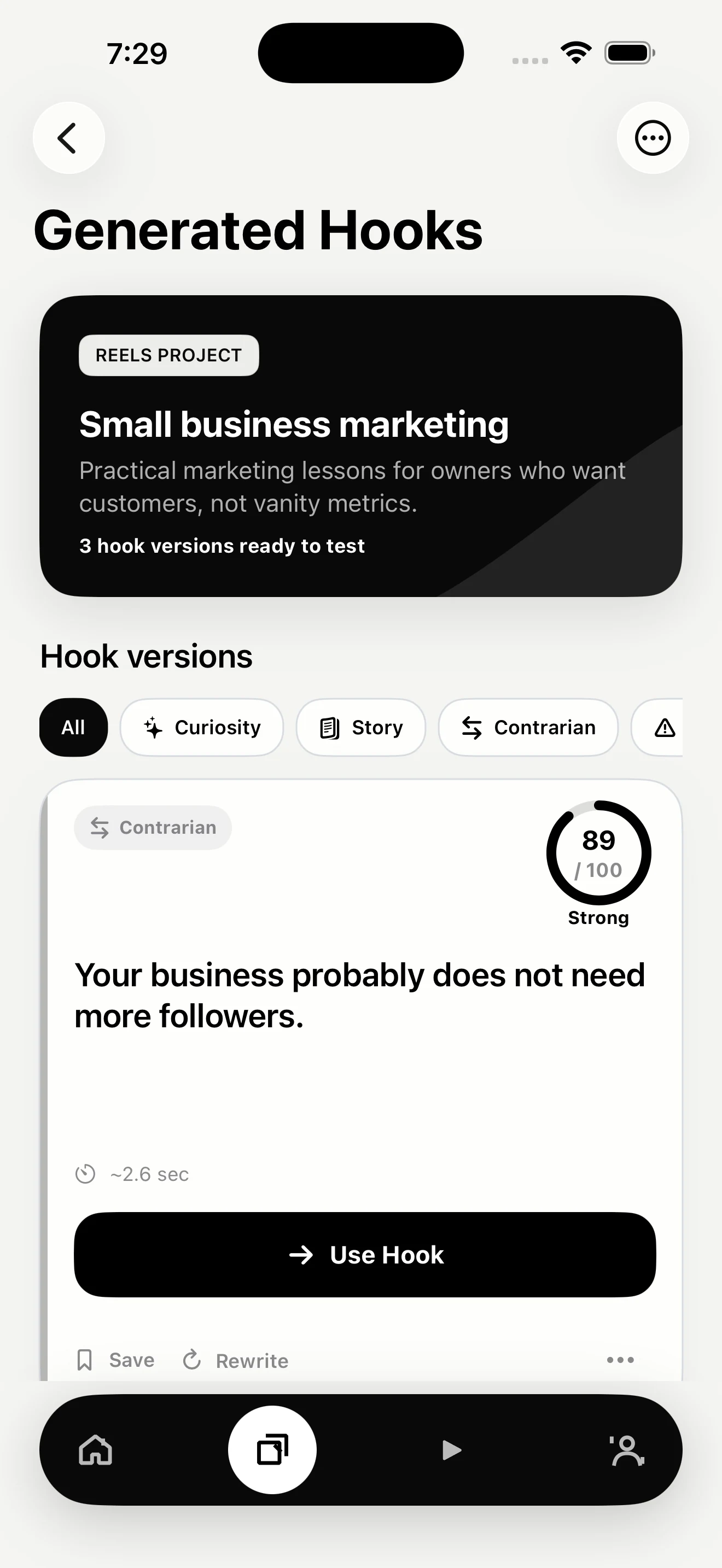 Telezi AI hook review screen